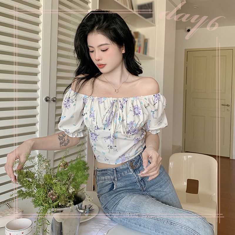 Áo Croptop Tay Phồng In Hoa Xinh Xắn Dành Cho Nữ