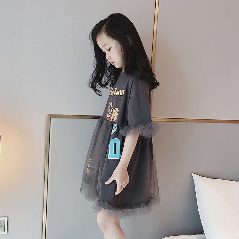 Đầm Thun Cotton Xám Dáng Rộng In Họa Tiết Hoạt Hình Thời Trang Mùa Hè 2023 Cho Bé Gái