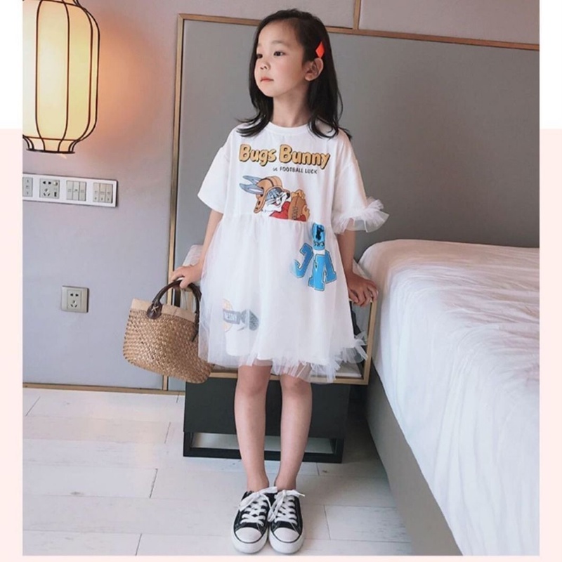 Đầm Thun Cotton Xám Dáng Rộng In Họa Tiết Hoạt Hình Thời Trang Mùa Hè 2023 Cho Bé Gái