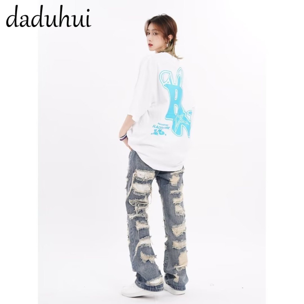 Daduhui New American Ins Retro Ripped Jeans Women's High Waist Loose Wide Leg Pants Large Size Trousers