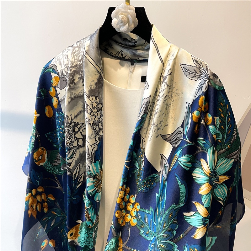 Khăn Choàng Vuông Cỡ Lớn 110cm Bằng Satin Họa Tiết Hoa Và Chim Thời Trang Mùa Hè