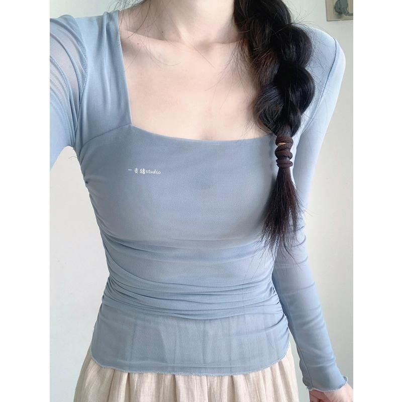 Pure Desire Áo Tay Dài Cổ Vuông Dáng Ôm Xếp Ly Nhẹ Nhàng Kiểu Khiêu Vũ