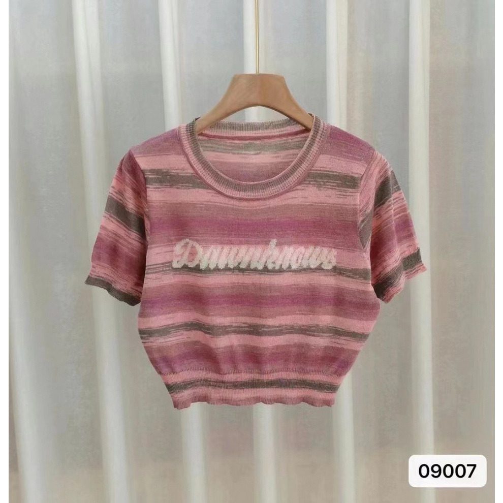 Áo Croptop Tay Ngắn Cổ Tròn Dáng Ôm In Họa Tiết Kẻ Sọc Thời Trang Mùa Hè Hàn Quốc 2023