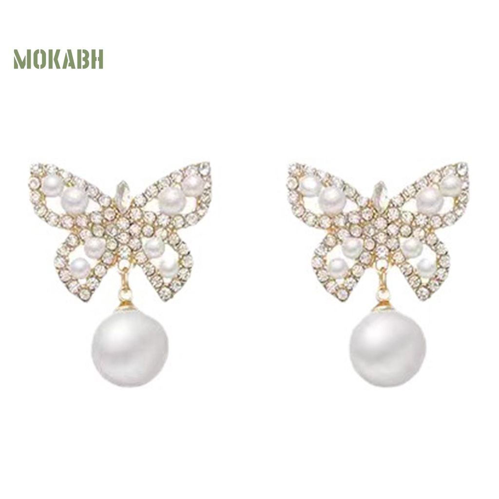 [Mới] 1 Cặp Bông Tai Thả Hình Bướm Rỗng Đính Kim Cương Giả Và Ngọc Trai Phong Cách Pháp Thanh Lịch