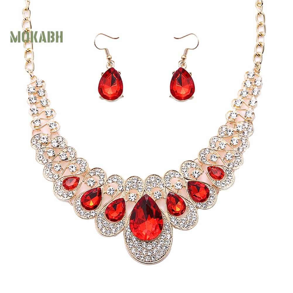 Set 2 Vòng cổ + Bông Tai Đính Đá Hình Giọt Nước