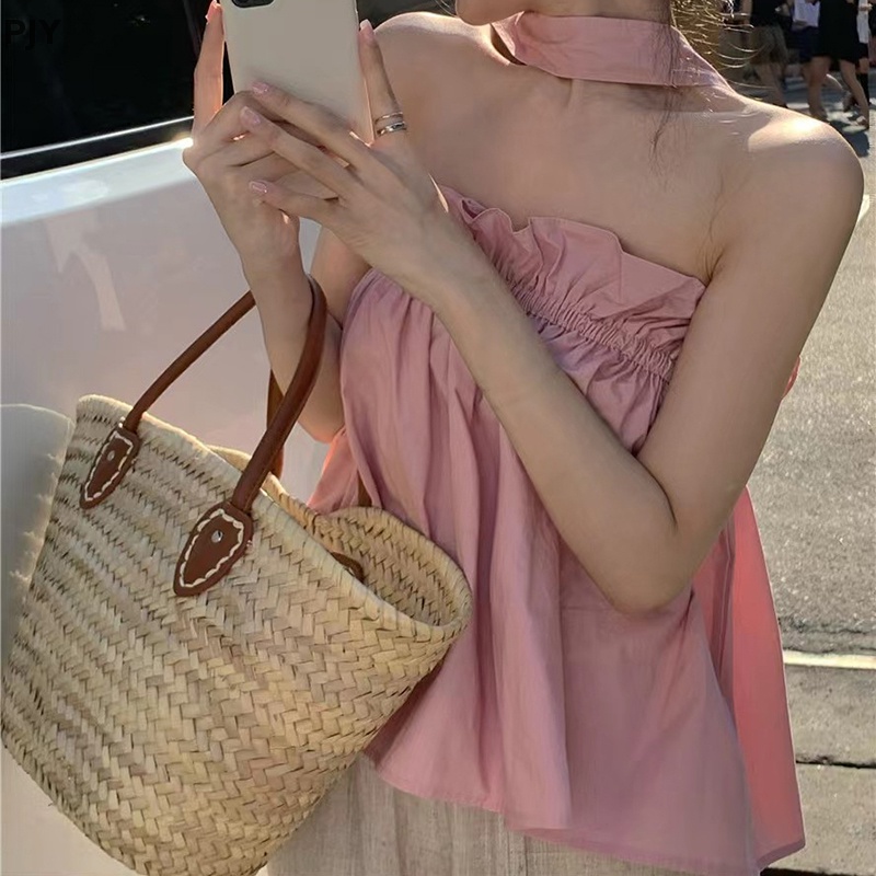 Áo PJY Không Tay Dáng Rộng Màu Trơn Phối Bèo Ngọt Ngào Thời Trang Mùa Hè Cho Nữ