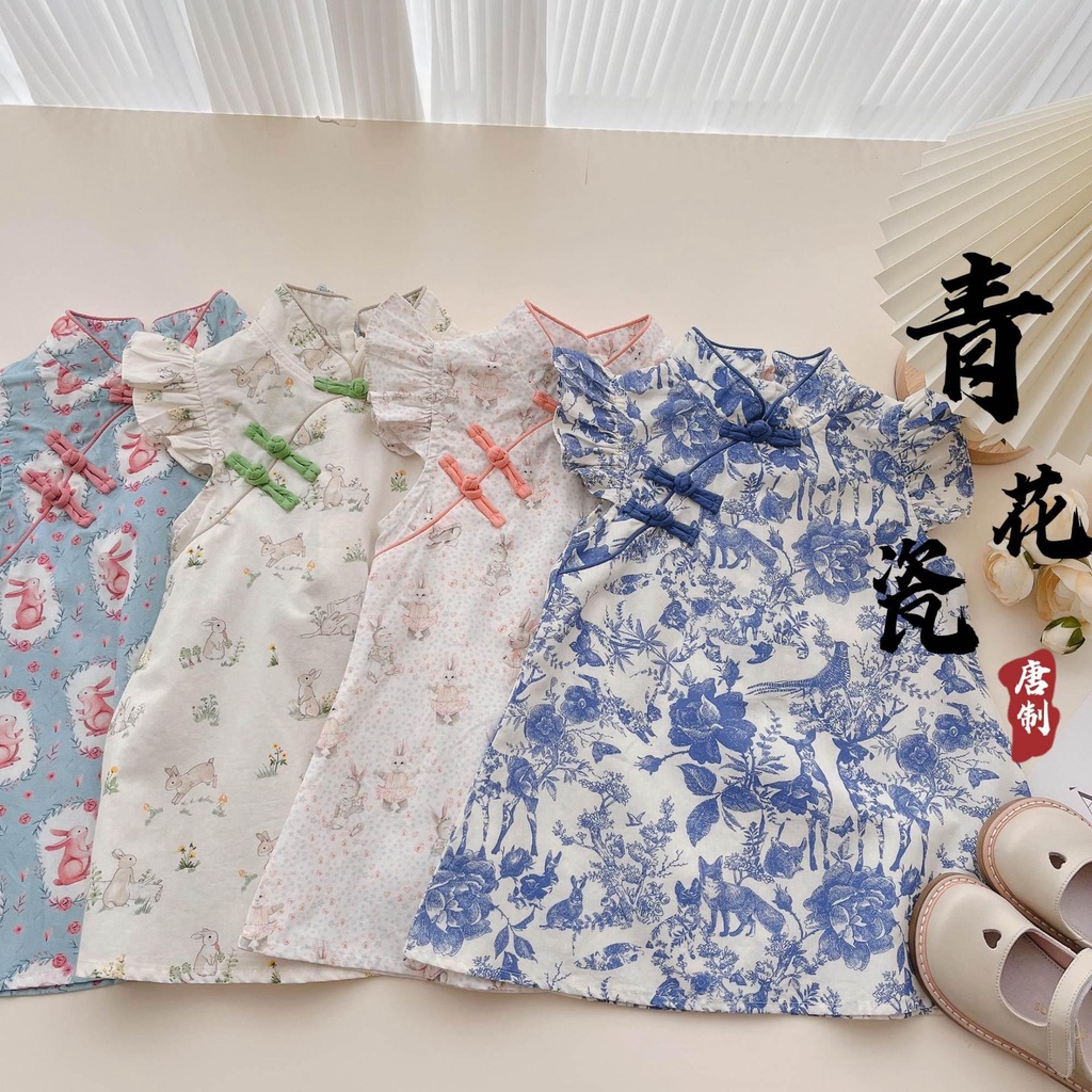 Đầm Sườn Xám Cotton Một Mảnh In Hoa Thời Trang Mùa Hè Phong Cách Hàn Quốc Ngọt Ngào Cho Bé Gái