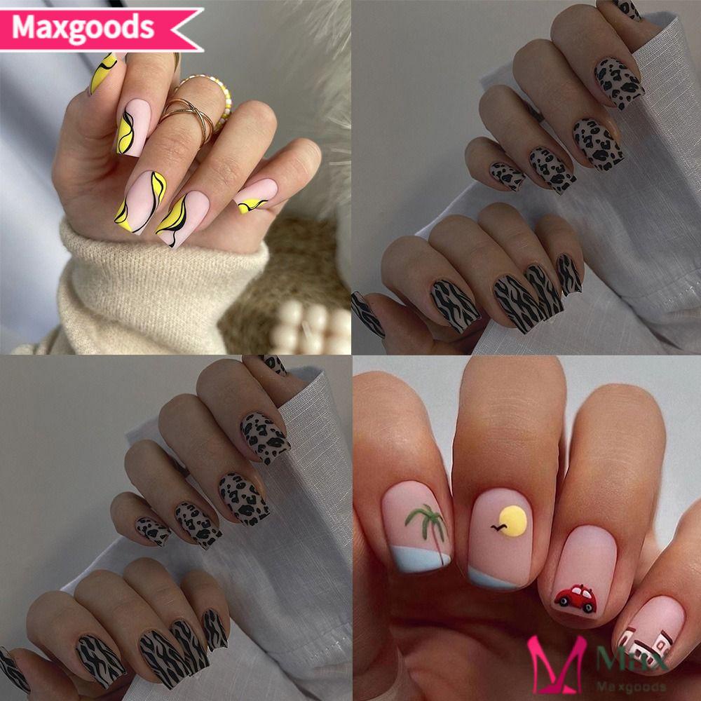 Bộ 24 Móng Tay Giả Đối Xứng Họa Tiết Da Báo Màu Vàng Đen Phong Cách Pháp