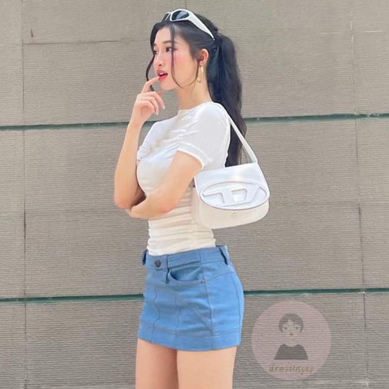 Áo Thun Tay Ngắn Cổ Tròn Xếp Ly Màu Trơn Thời Trang Mùa Hè Xinh Xắn Cho Nữ