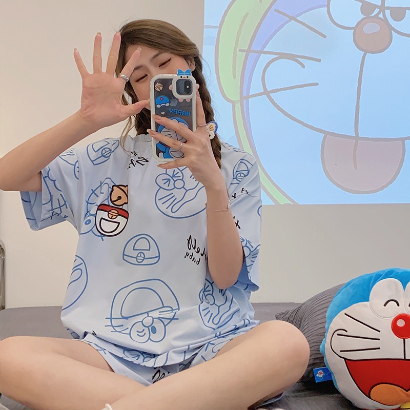 Fds summer women's, blue doraemon pyjamas set short-sleeved shorts home wear two-piece cute cartoon