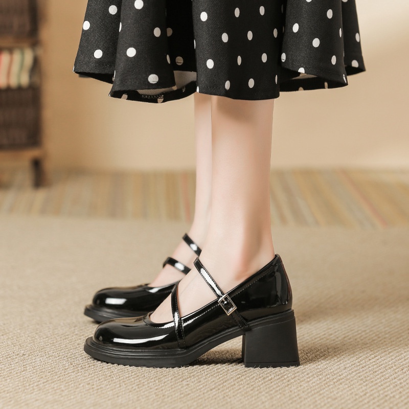 Giày Cao Gót Đế Dày Miệng Nông Phối Dây Kiểu Retro Pháp Dễ Thương