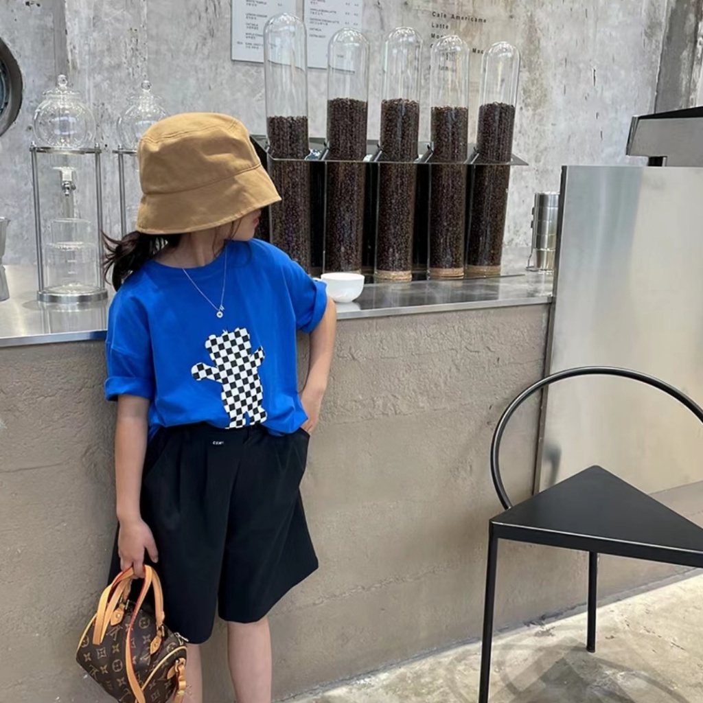 Áo Thun Cotton Màu Trơn Tay Ngắn Dáng Rộng In Họa Tiết Hoạt Hình Phong Cách Hàn Quốc Thời Trang Mùa Hè 2023 Cho Bé Gái