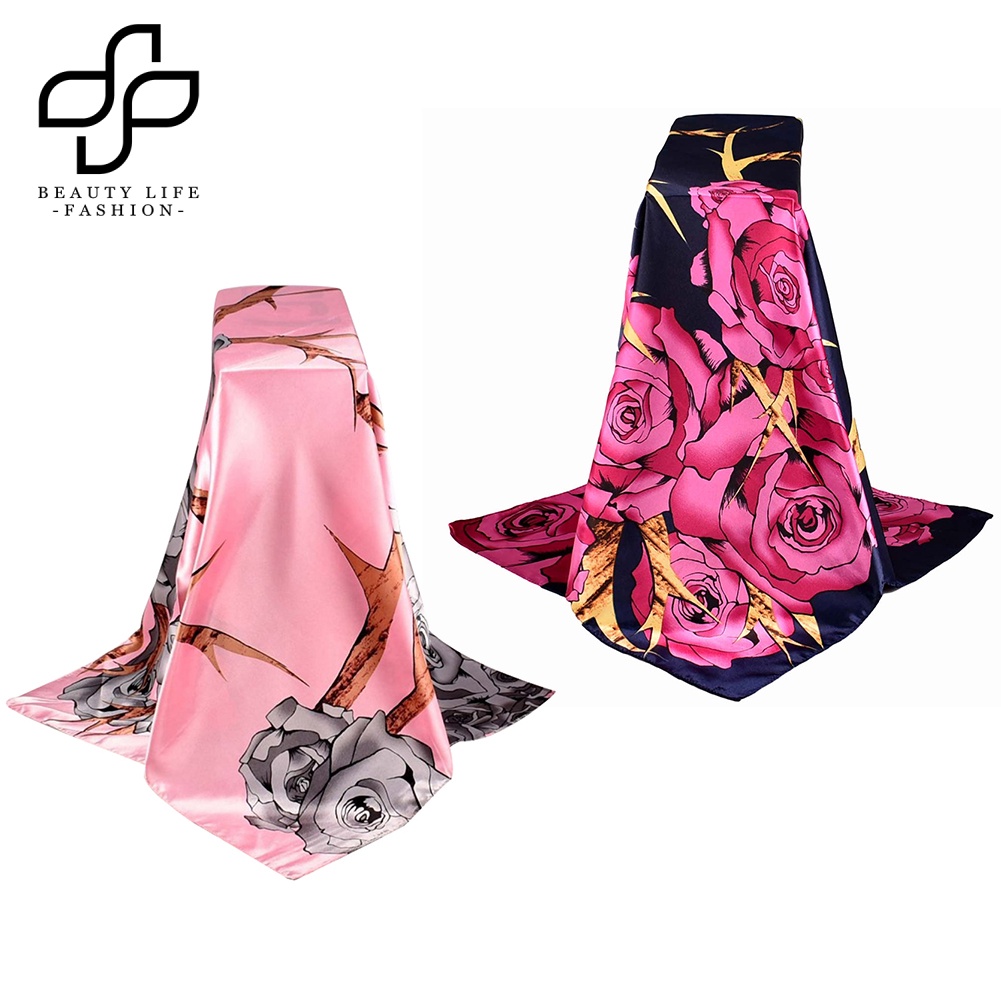 Khăn Choàng Lụa Satin In Họa Tiết Hoa Hồng Thời Trang Cho Nữ