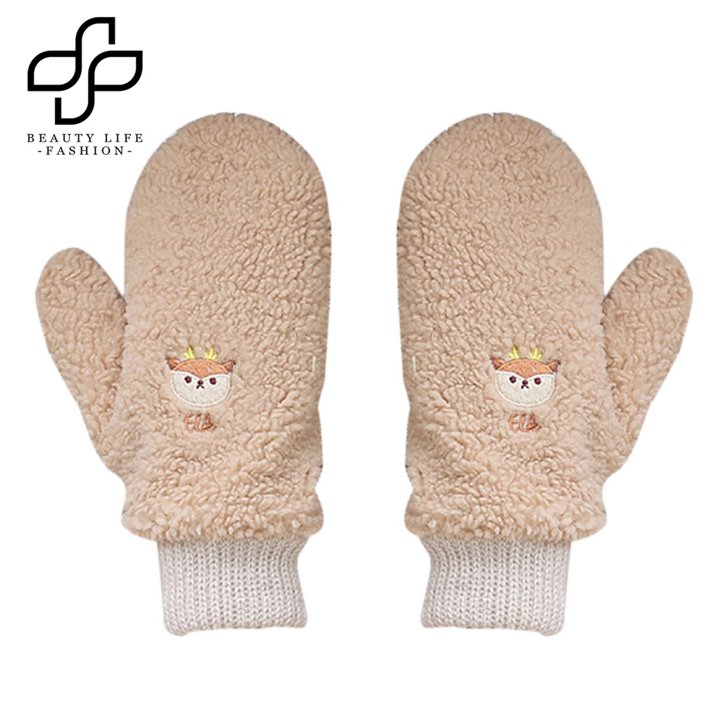 1 Cặp Găng Tay Nhung Dày Dặn Siêu Mềm Chống Lạnh Thêu Hình Động Vật Dễ Thương Cho Nữ