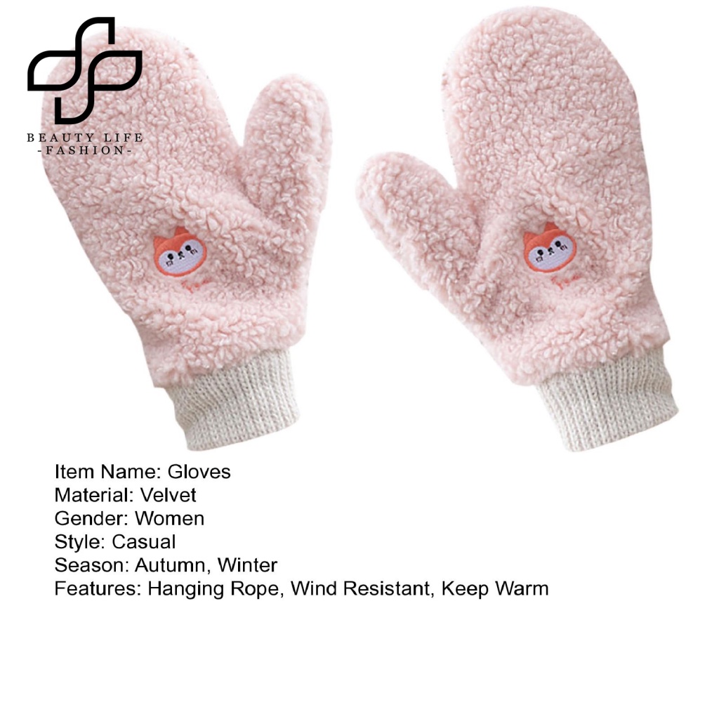 1 Cặp Găng Tay Nhung Dày Dặn Siêu Mềm Chống Lạnh Thêu Hình Động Vật Dễ Thương Cho Nữ