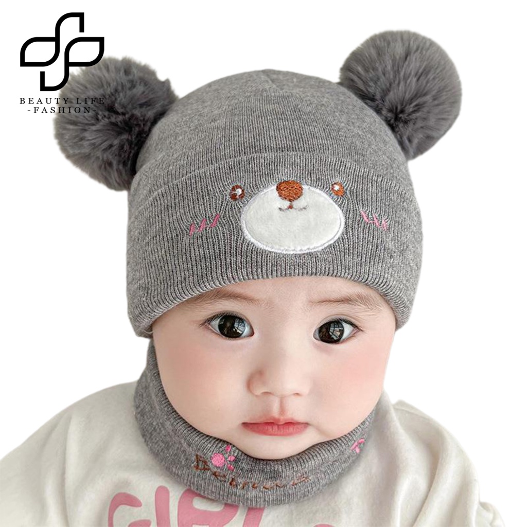 1 Bộ Mũ Beanie Và Khăn Choàng Cổ Dệt Kim Thêu Hình Gấu Bông Giữ Ấm Siêu Mềm Co Giãn Handmade Dành Cho Bé Trai Và Bé Gái