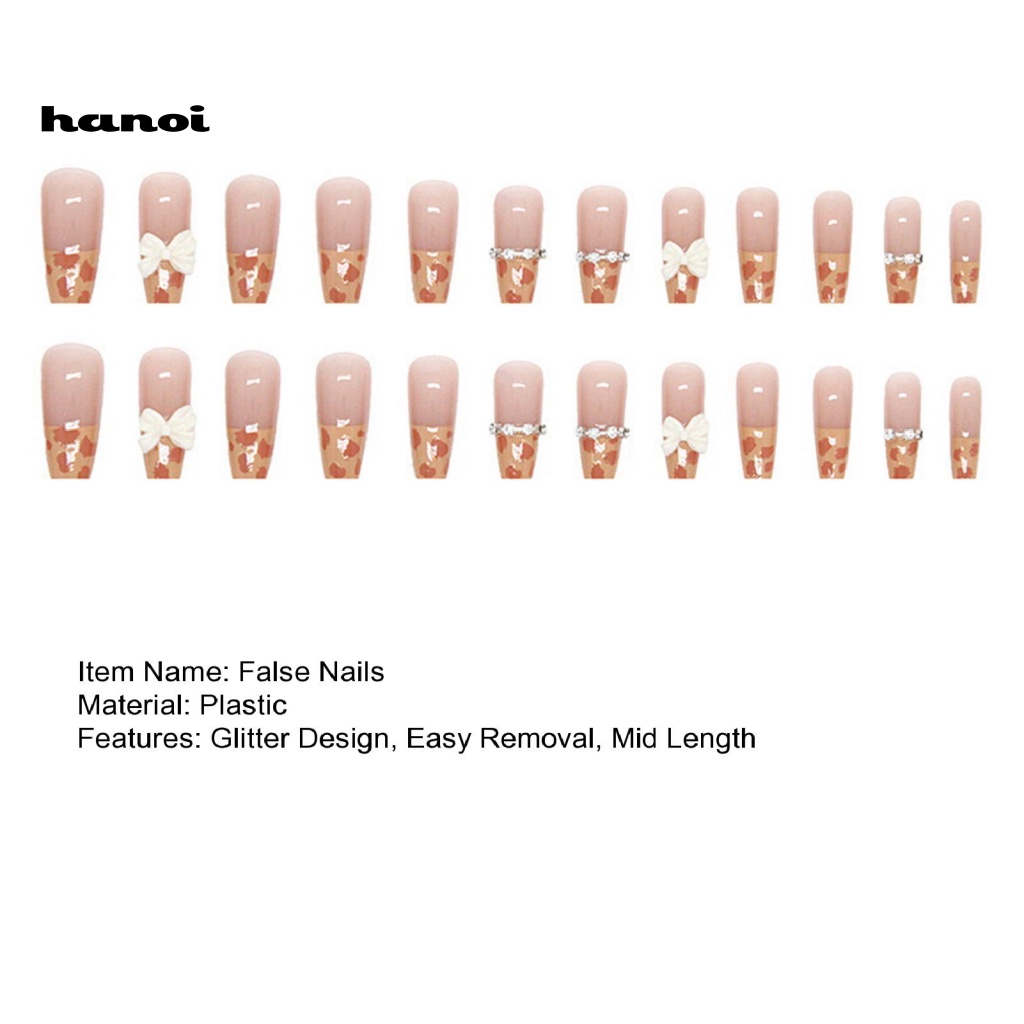 1 Bộ Móng Tay Giả Hình Nơ Da Báo Đính Đá Lấp Lánh Dễ Tẩy Trang Diy