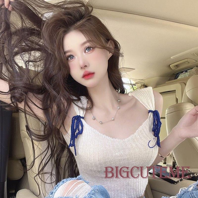 Áo Croptop Dệt Kim Không Tay Cắt Thấp Màu Sắc Tương Phản Thời Trang Mùa Hè Dành Cho Nữ