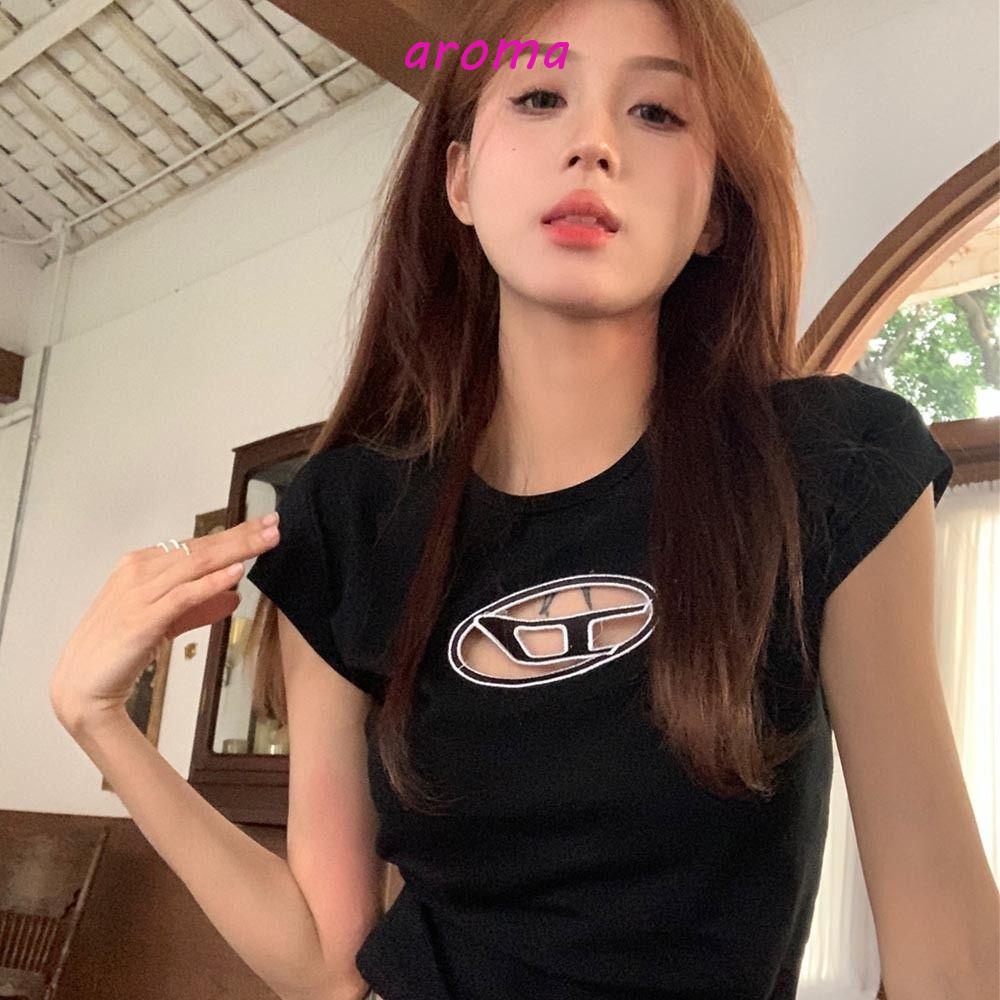 Áo Thun Tay Ngắn Thêu Chữ D Dễ Thương Phong Cách Hàn Quốc AROMA Y2k
