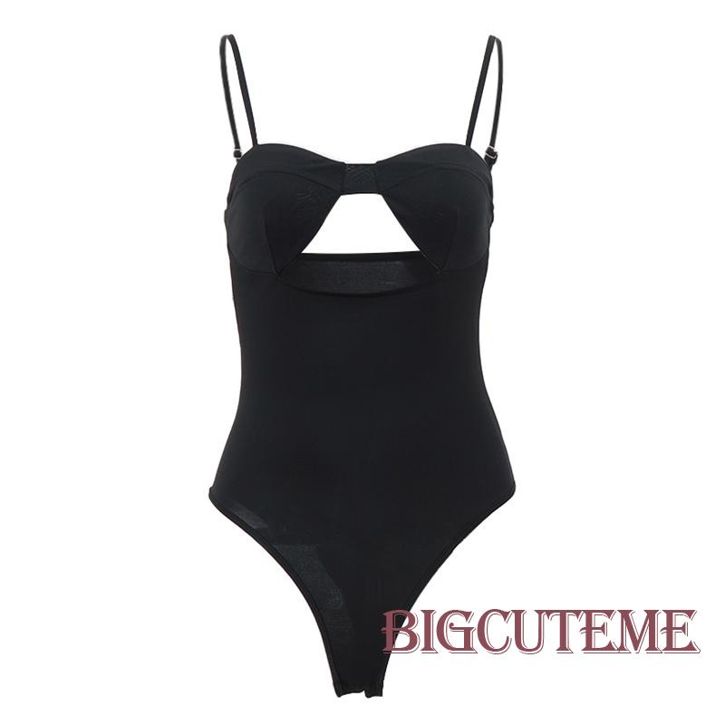 [] Áo Liền Quần Hai Dây Màu Trơn Khoét Lỗ Trước Cho Nữ Đen