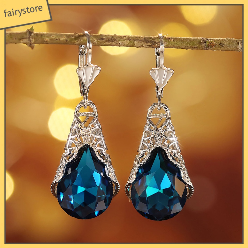 1 Cặp Bông Tai Đính Đá Hình Giọt Nước Màu Xanh Lá Phong Cách Retro