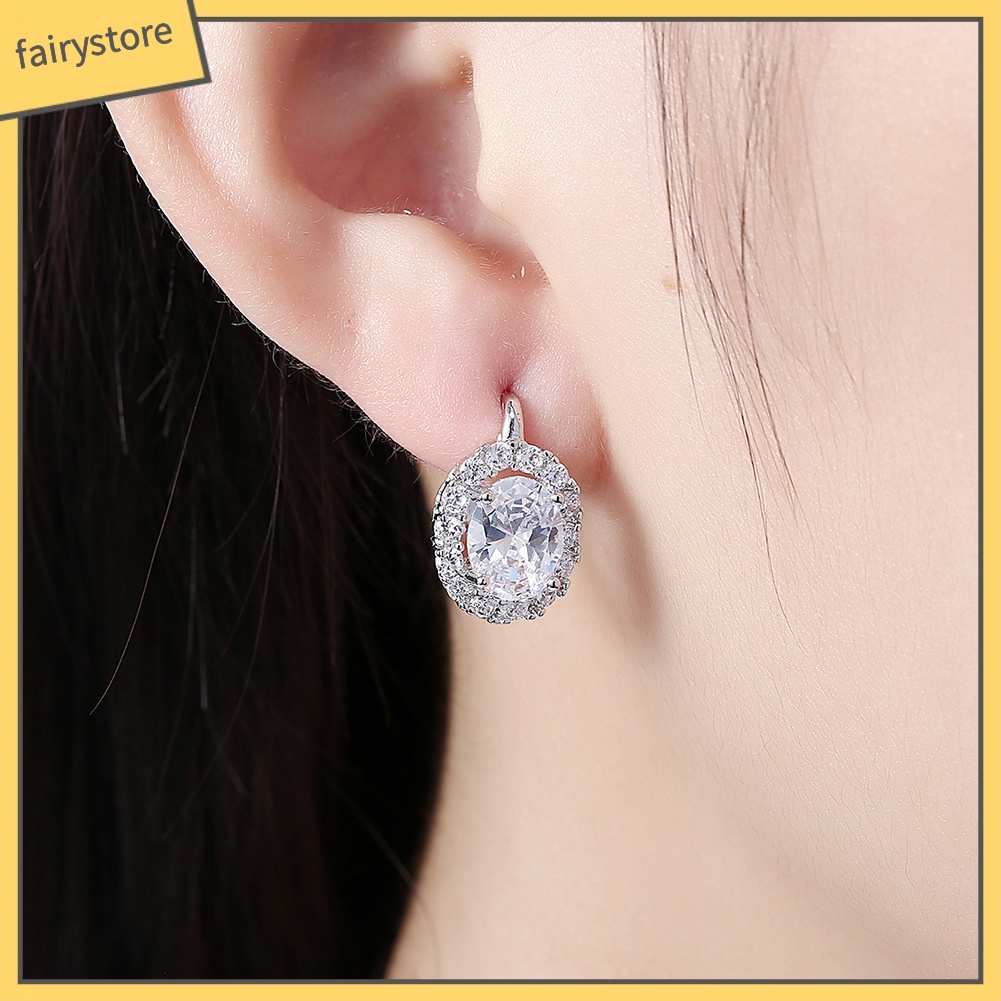 Bông Tai Hình Oval Đính Đá Zircon Sang Trọng Cho Nữ