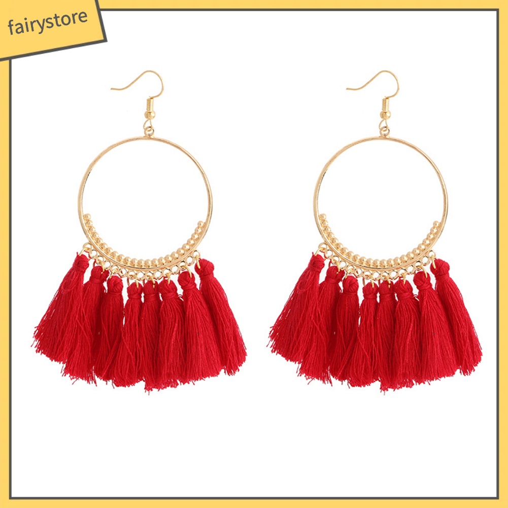 Đôi Khuyên Tai Tròn Phối Tua Rua Phong Cách Vintage Thời Trang Cho Nữ