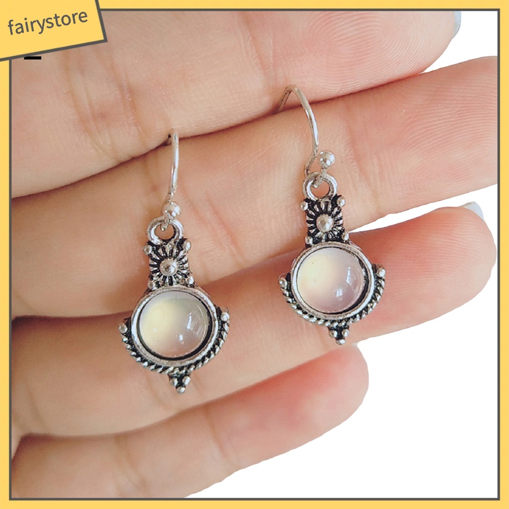 Bông Tai Hình Tròn Đính Đá Mặt Trăng Nhân Tạo Thời Trang Vintage Dành Cho Nữ