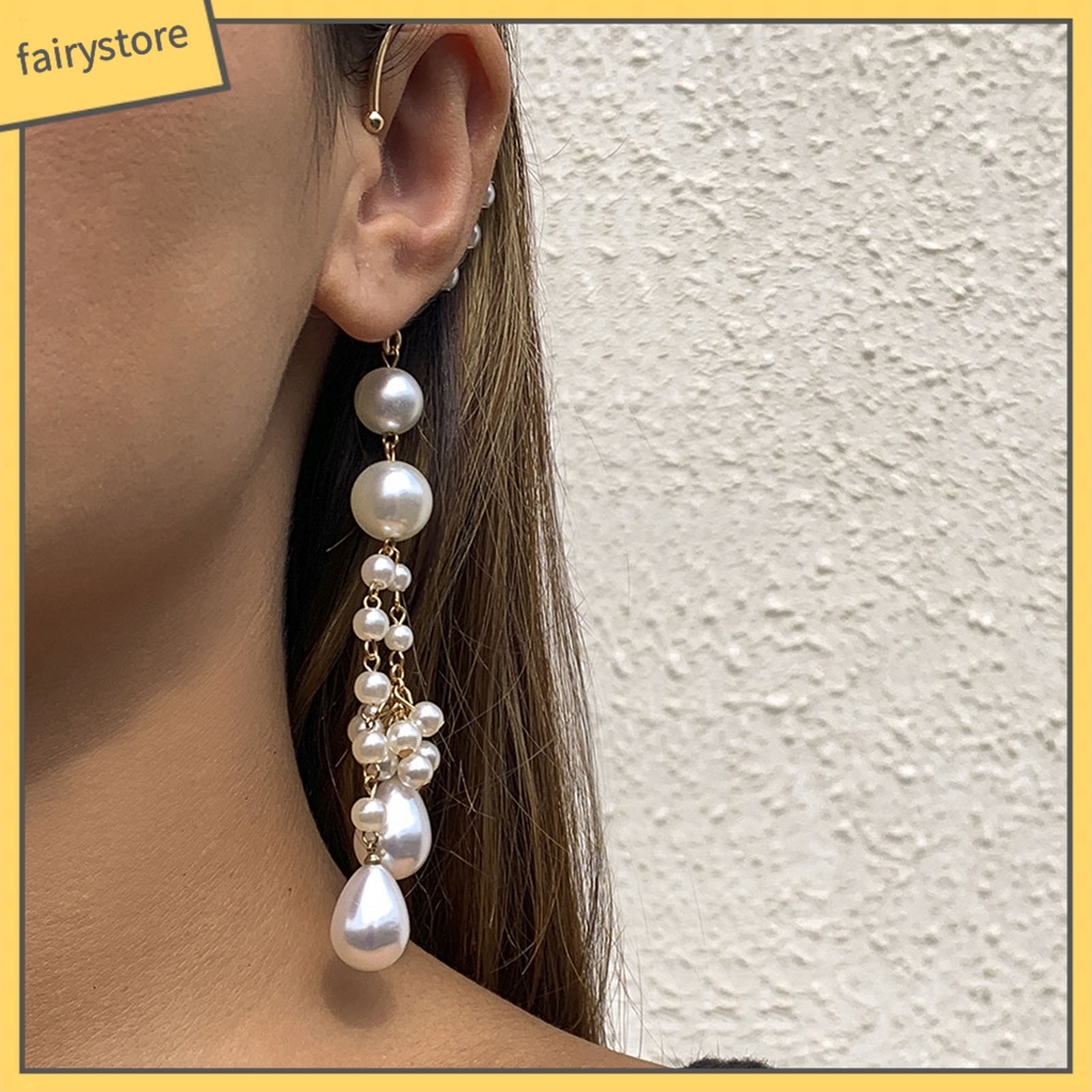 1 Khuyên Kẹp Vành Tai Dáng Dài Đính Ngọc Trai Nhân Tạo Thời Trang