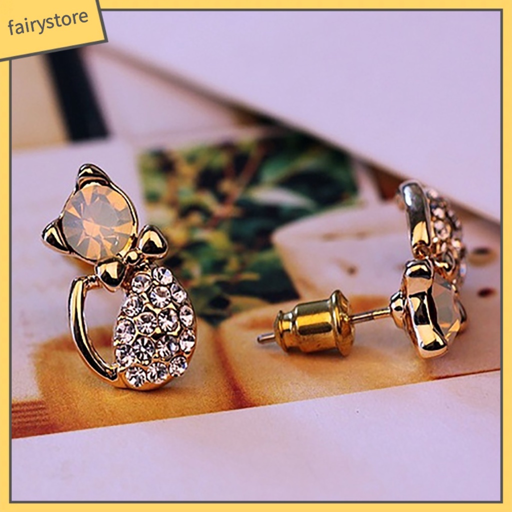 1 Đôi Bông Tai Hình Mèo Đính Đá Dễ Thương Dành Cho Nữ