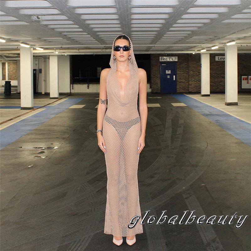 Đầm Dài Ôm Dáng Không Tay Có Mũ Trùm Đầu Khoét Rỗng Màu Sắc Trơn Dành Cho Nữ