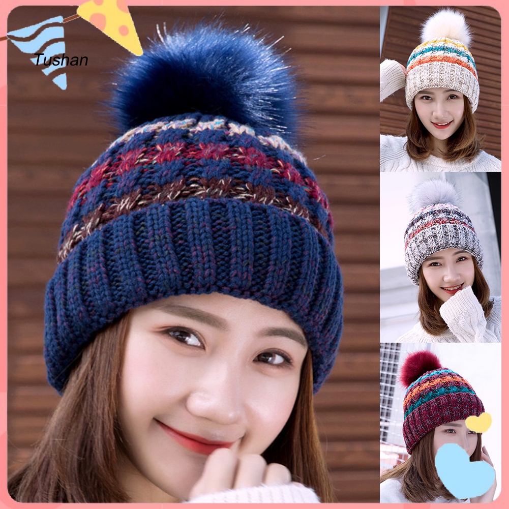 Mũ Len Beanie Đính Quả Bông Nhiều Màu Thời Trang Thu Đông Cho Nữ