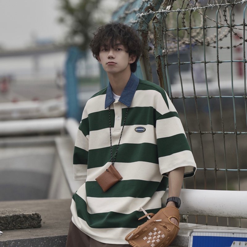 Áo Thun polo Tay Ngắn Dáng Rộng Họa Tiết Kẻ Sọc Thời Trang Mùa Hè Phong Cách Nhật Bản Cho Nam 23