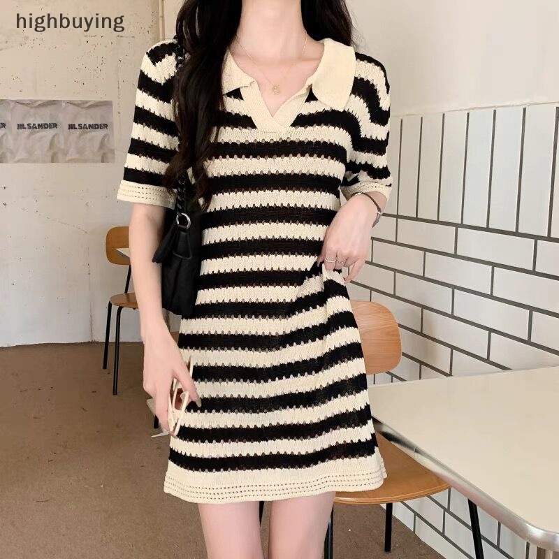 Đầm Dệt Kim Cổ Chữ V Họa Tiết Kẻ Sọc Thời Trang Mùa Hè Cho Nữ