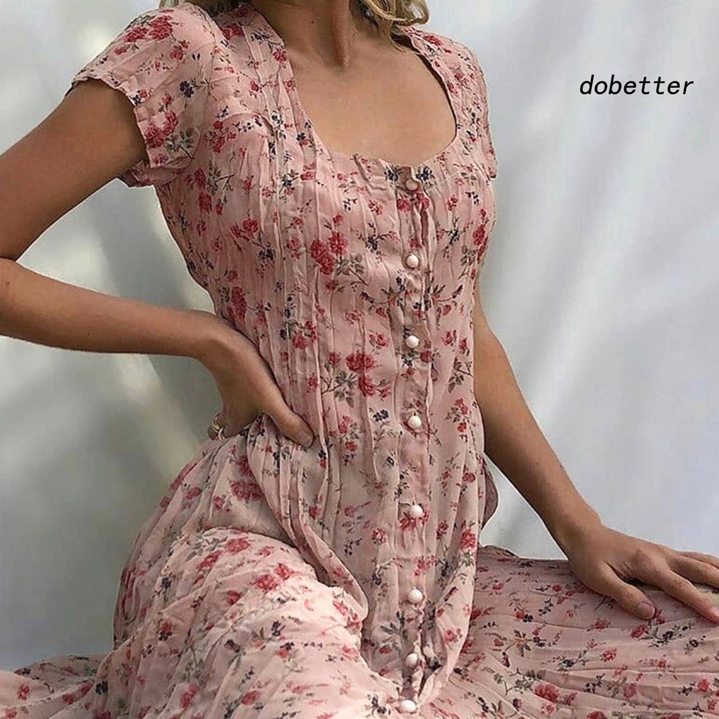 [DO] Đầm Maxi Tay Ngắn In Hoa Viền Lớn Cài Một Hàng Nút Thanh Lịch Mùa Hè Cho Nữ
