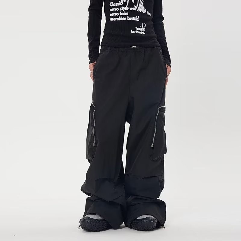 Quần Dài Ống Rộng Phối Túi Lớn Phong Cách Retro Mỹ Cá Tính