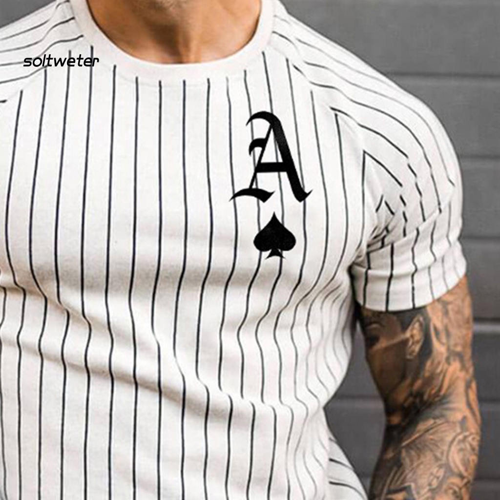 Áo Thun Tay Ngắn Dáng Ôm In Hình Lá Bài Poker Kẻ Sọc Dọc Trẻ Trung Cho Nam