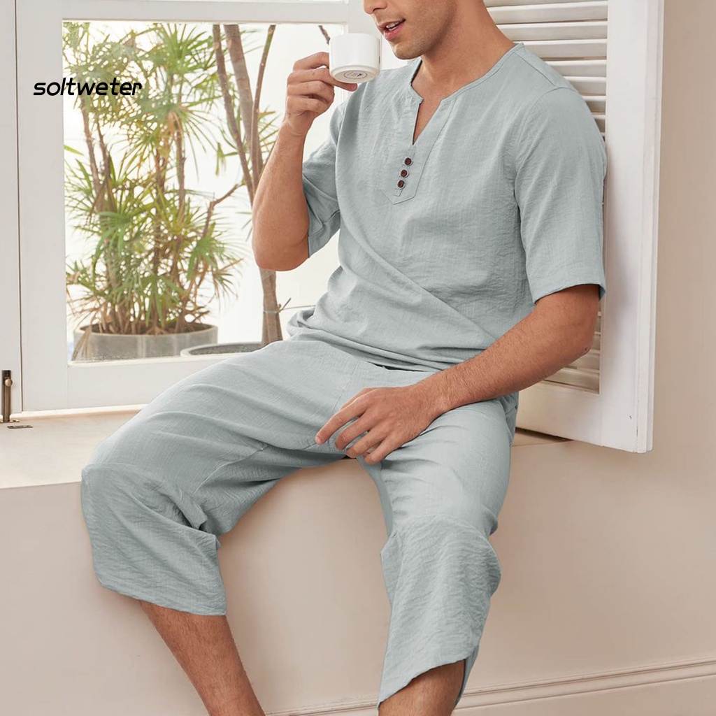 Set Đồ Mùa Hè 2 Món Gồm Áo Thun Cổ Chữ V Lưng Thun + Quần Dài Màu Trơn Cho Nam