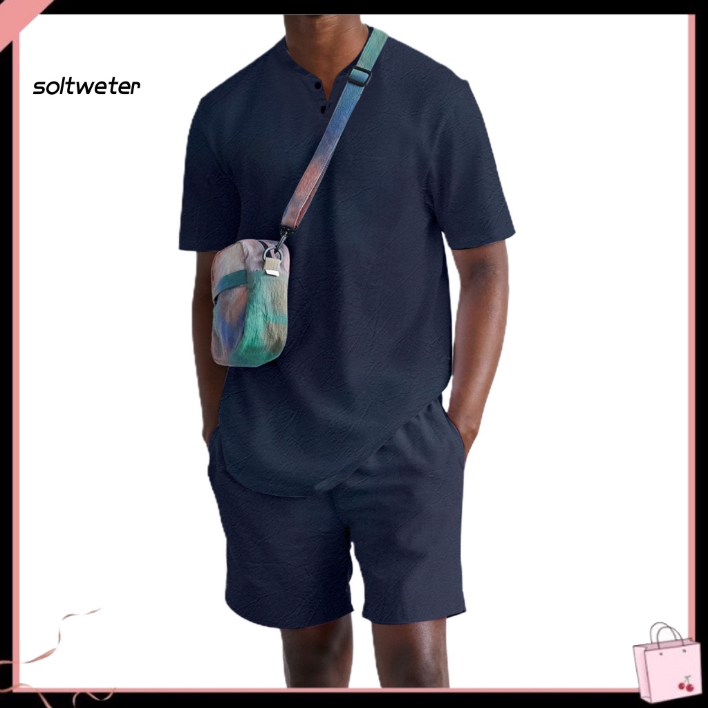 Bộ Trang Phục 2 Mảnh Gồm Áo Tay Ngắn Cổ Chữ V Màu Sắc Đơn Giản Và Quần Short Lưng Thun Thời Trang Mùa Hè Cho Nam