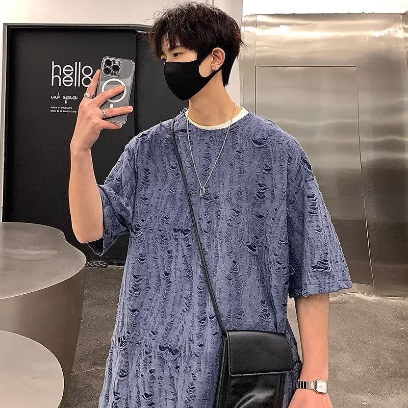 Áo Thun Cotton Tay Ngắn Dáng Rộng Phối Rách Kiểu Đường Phố Mỹ Thời Trang Mùa Hè Cho Nam