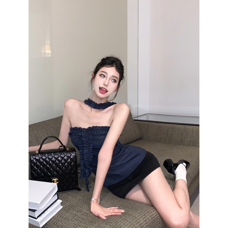 「Nonfatgirl」Áo Ống Ôm Sát Cổ Yếm Phong Cách Hàn Quốc Quyến Rũ Cho Nữ