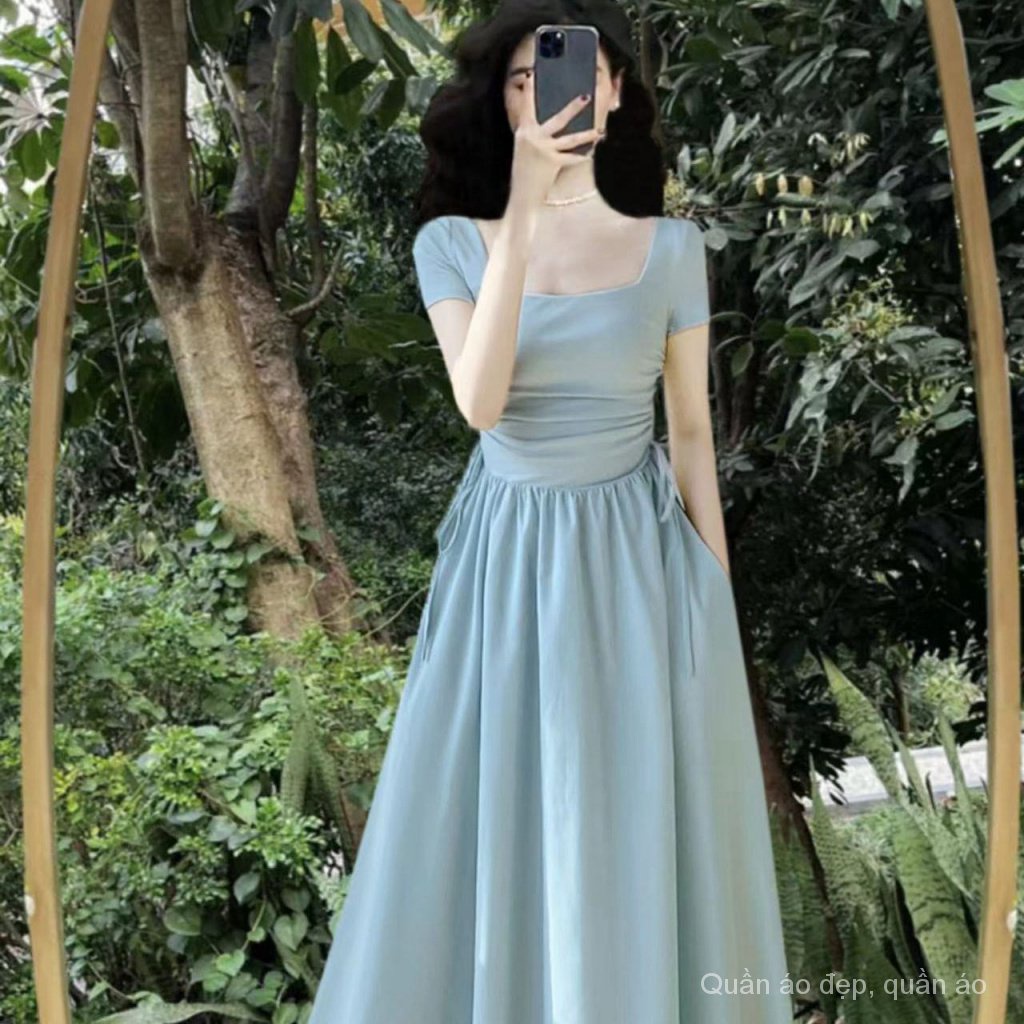 Áo Kiểu Hàn Quốc Thiết Kế Xinh Xắn Hợp Thời Trang✥Đầm Công Chúa Dáng Dài Màu Xanh Dương Phối Dây Rút Phong Cách Pháp Thời Trang Mùa Hè Xinh Xắn Cho Nữ