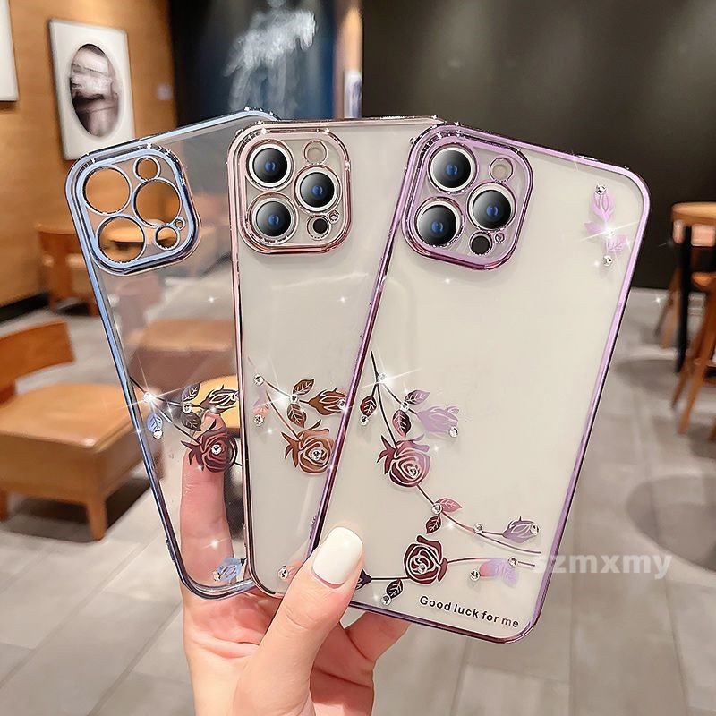 Ốp Điện Thoại TPU Trong Suốt Mạ Điện Họa Tiết Hoa Đính Kim Cương Cho Iphone 14 13 12 11 Pro X / xs Max 7 8 Plus XR