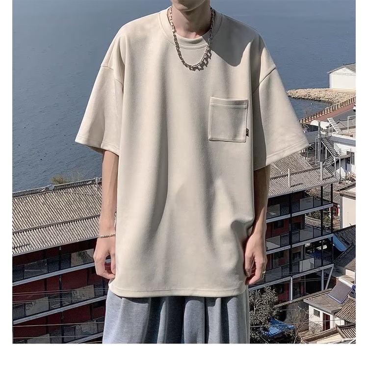 Áo Thun Tay Ngắn Cổ Tròn Có Túi Đơn Giản Phong Cách Đường Phố Mỹ Cho Nam