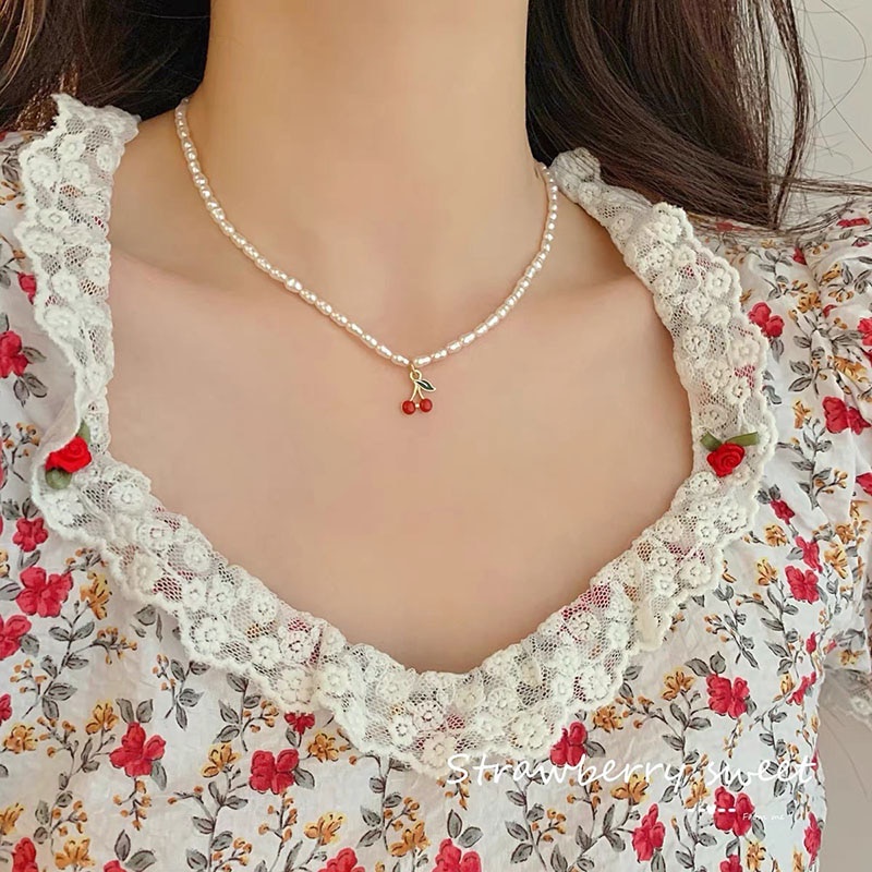 Vòng Cổ Choker Y2K Mặt Trái Cherry Đỏ Đính Ngọc Trai Dễ Thương Phong Cách Boho Thời Trang Mùa Hè Cho Nữ