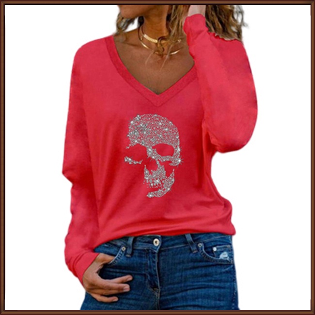 Áo Thun Nữ Tay Dài Cổ Chữ V In Hình Đầu Lâu Thời Trang