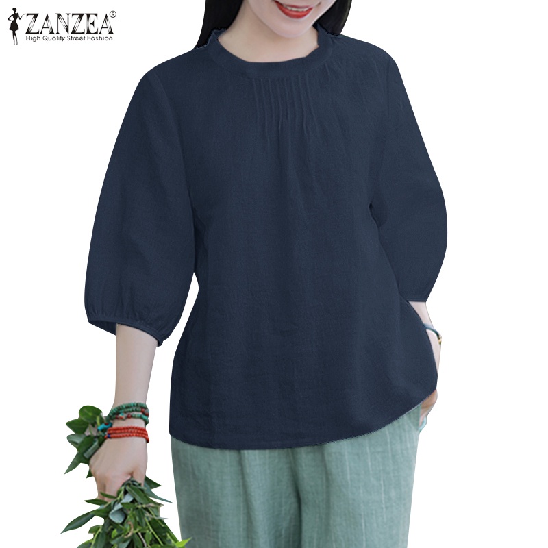 Zanzea Áo Kiểu Tay 3 / 4 Cổ Đứng Xếp Ly Trước Ngực Thời Trang Hàn Quốc Cho Nữ