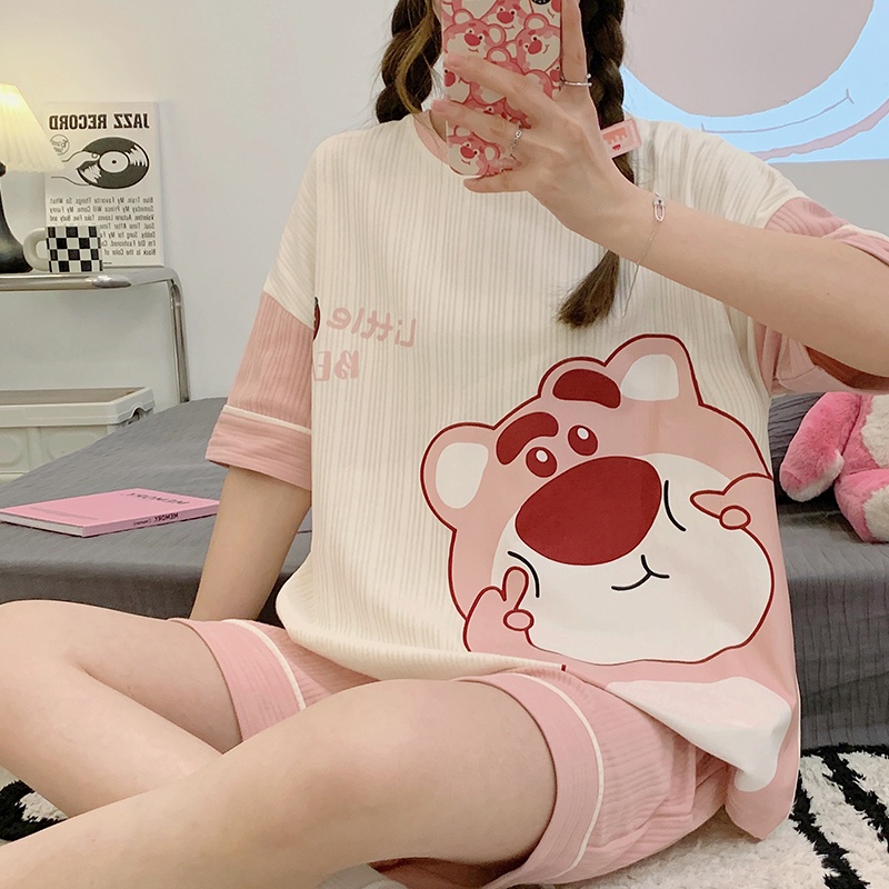 Bộ Đồ Ngủ Cotton Cổ Tròn Tay Ngắn Họa Tiết Hoạt Hình Thời Trang Mùa Hè 6535