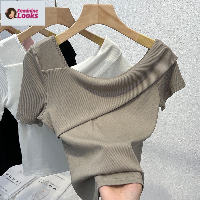 Áo Thun Tay Ngắn Thiết Kế Mỏng Không Đồng Đều Xinh Xắn Thời Trang