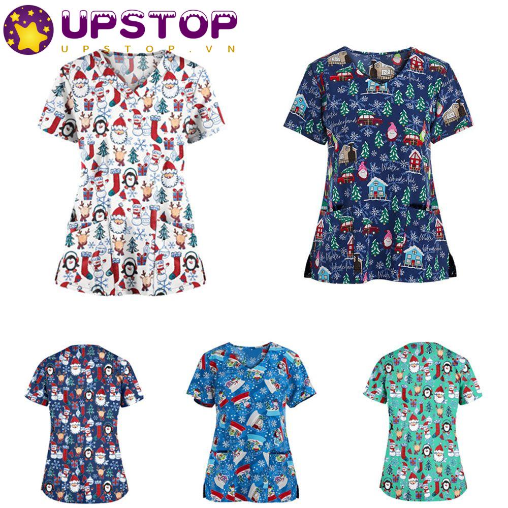 Upstopvn Áo Sơ Mi Giáng Sinh Tay Ngắn Cổ Chữ V Tẩy Tế Bào Chết Mới